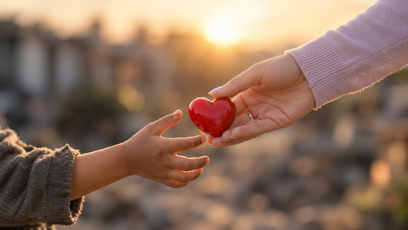 Eine erwachsene Hand reicht einem Kind ein rotes Herz